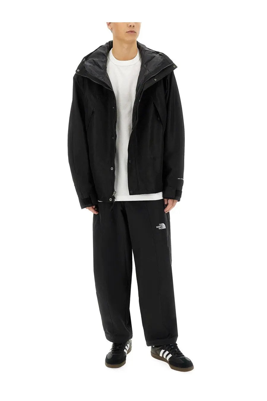 The North Face men’s black mountain jacket with hood and button closure for outdoor use