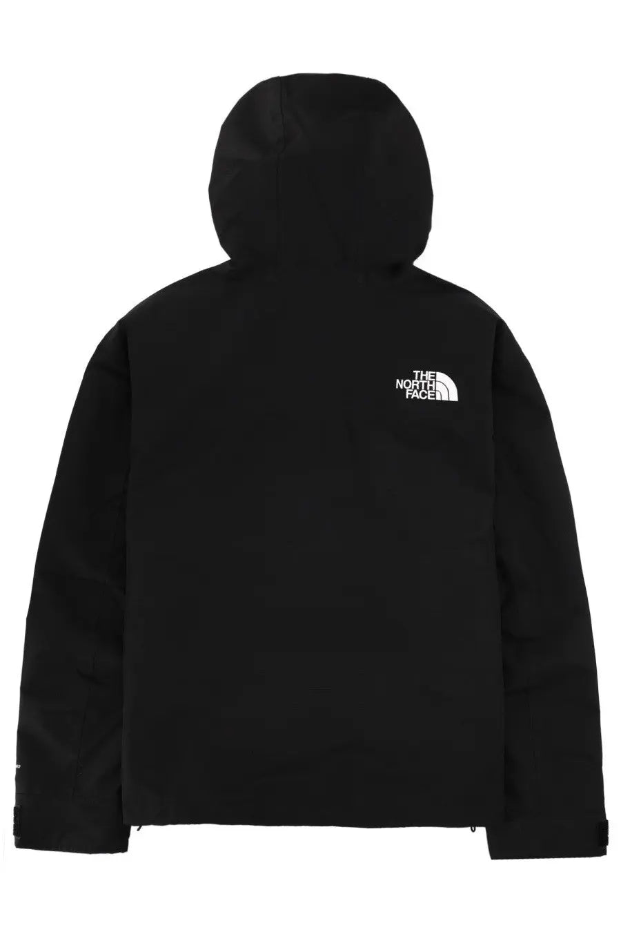 The north face men’s mountain jacket in black with a hood and white logo on the left chest