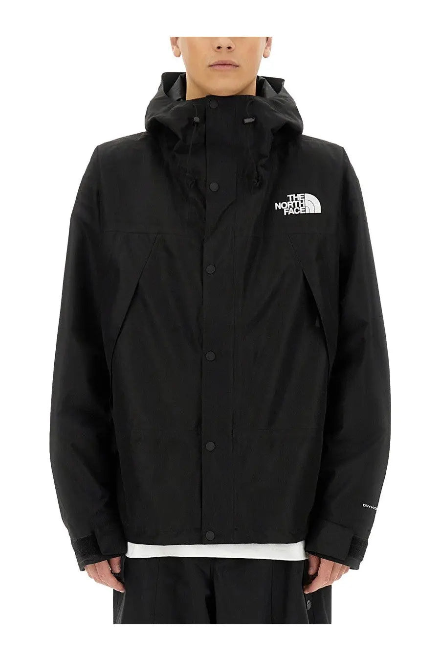 Black the north face men’s hooded jacket with white logo and button closures in mountain black color