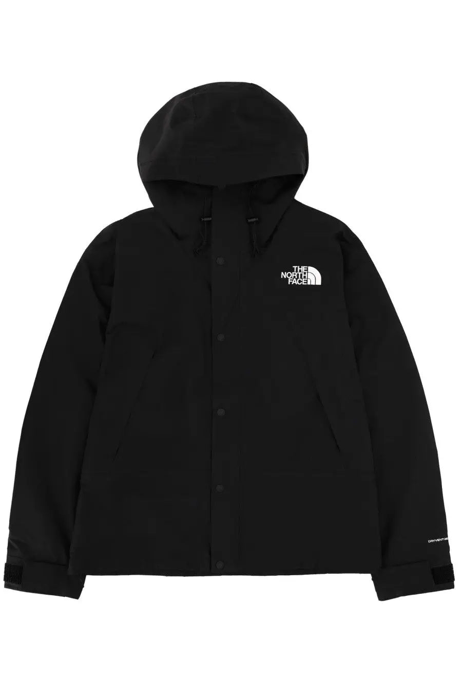 The North Face men’s black hooded jacket with white chest logo and subtle sleeve branding for outdoor use