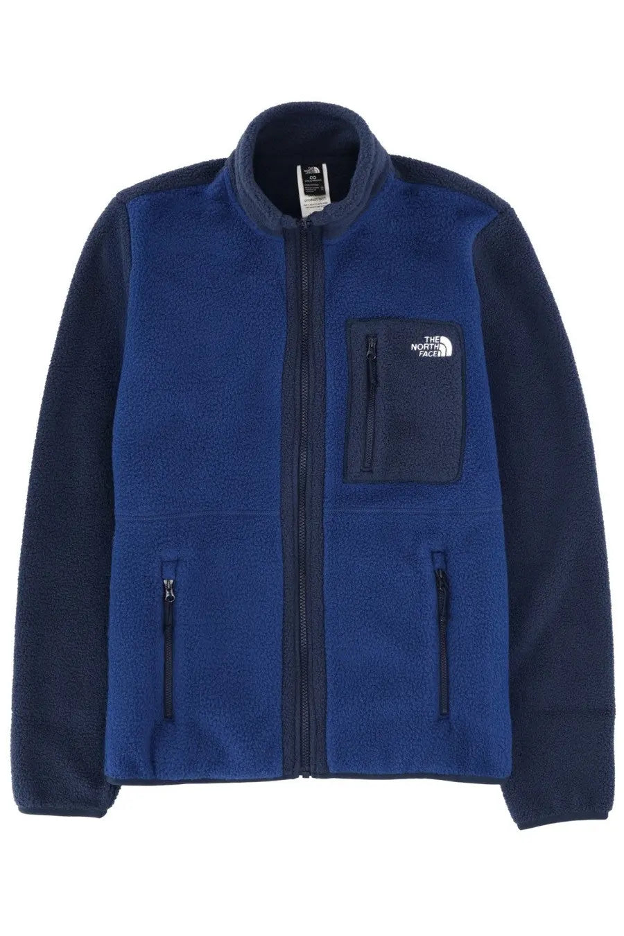The North Face men’s fleece jacket yumiori blue with navy body, dark blue sleeves, and front pocket logo