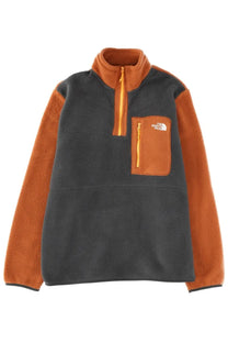 The North Face men’s half-zip fleece jacket in dark gray and burnt orange with yellow zippers yumiori multicolor