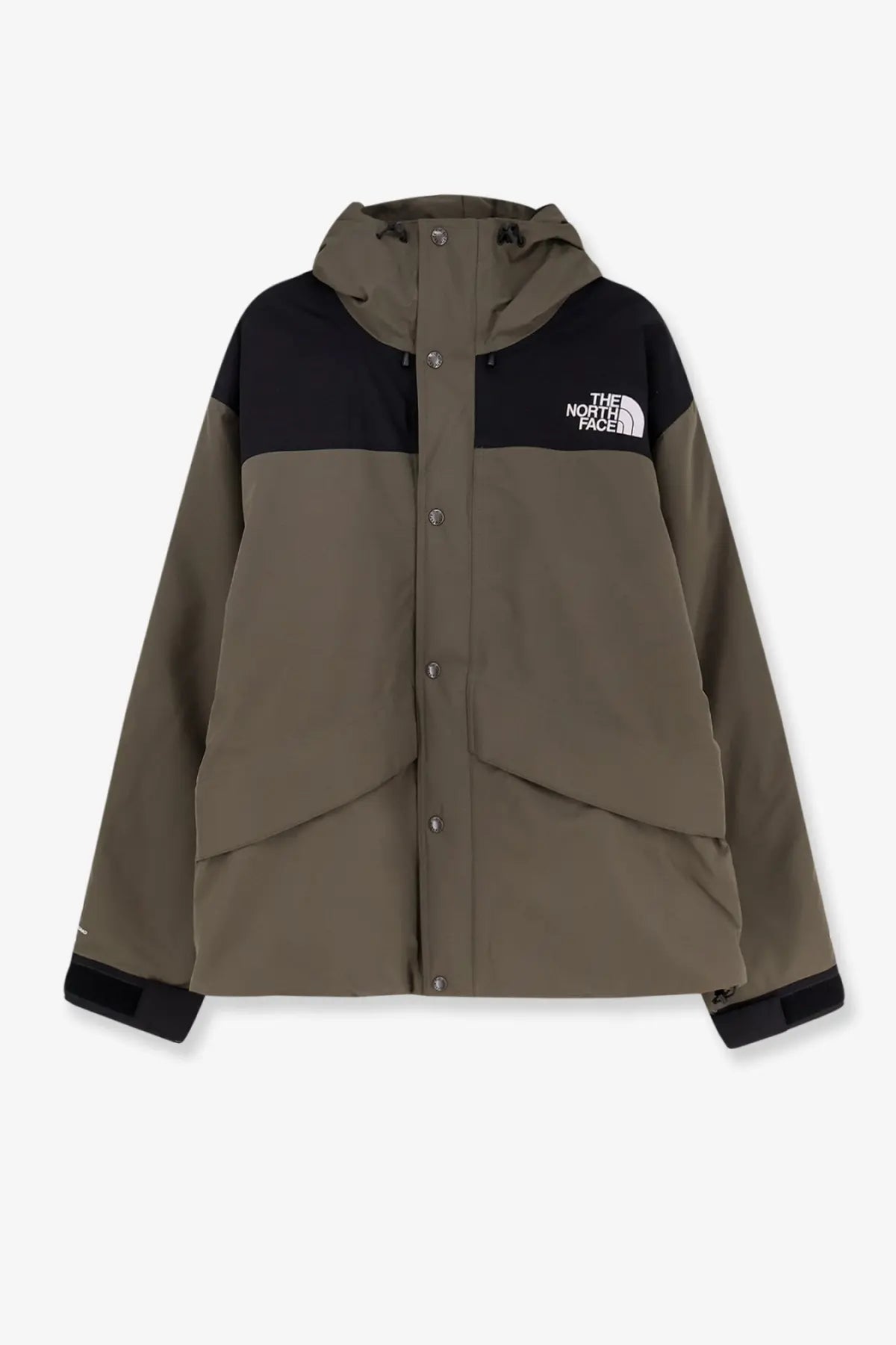 The North Face men’s mountain down jacket in black with an olive and black hooded classic color-block design