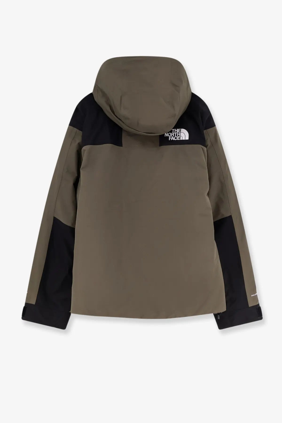 The north face men’s mountain down jacket black in olive green and black with hood and logo on the back panel