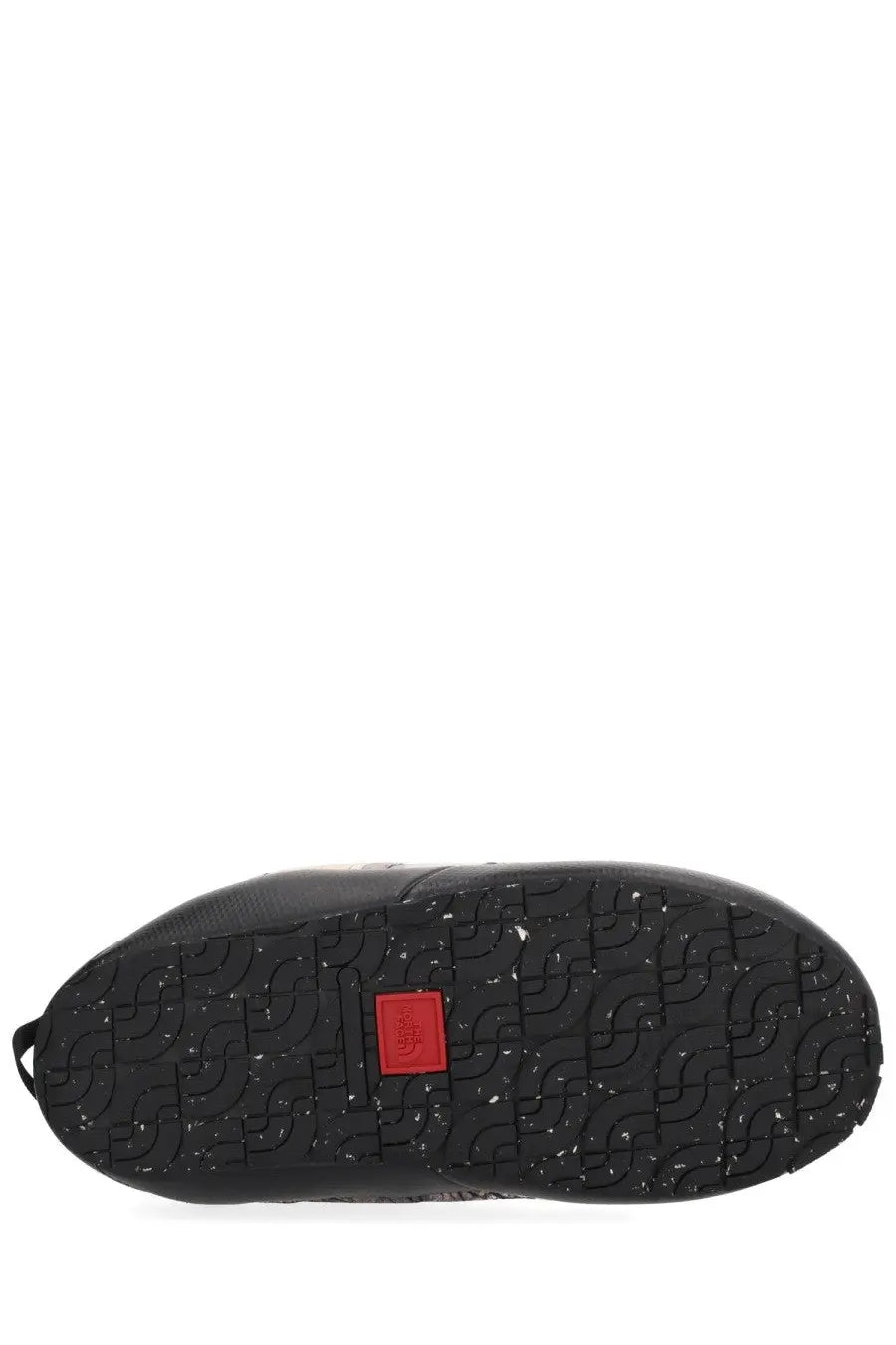 The north face men’s mule shoe thermoball grey showing black rubber sole with textured pattern and red logo patch