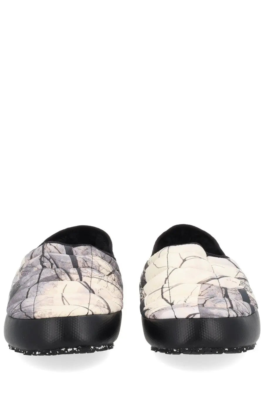 The North Face men’s mule shoe Thermoball grey with quilted slip-on design and cracked stone black and white upper