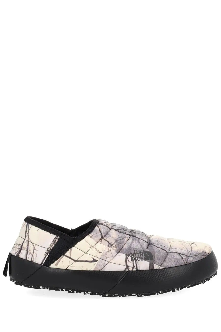 The north face men’s mule slip-on shoe with quilted gray cracked earth upper and black rubber sole and lining