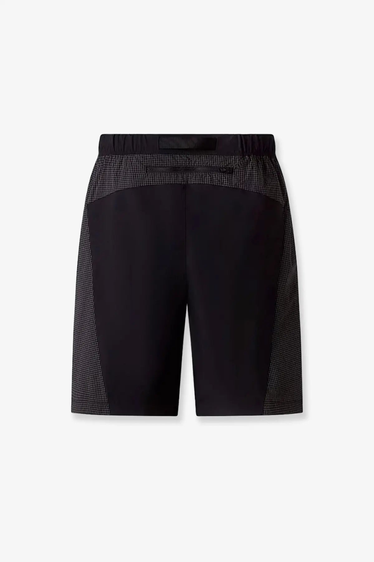The North Face men’s nylon bermuda shorts in black feature an elastic waistband and subtle checkered side panels