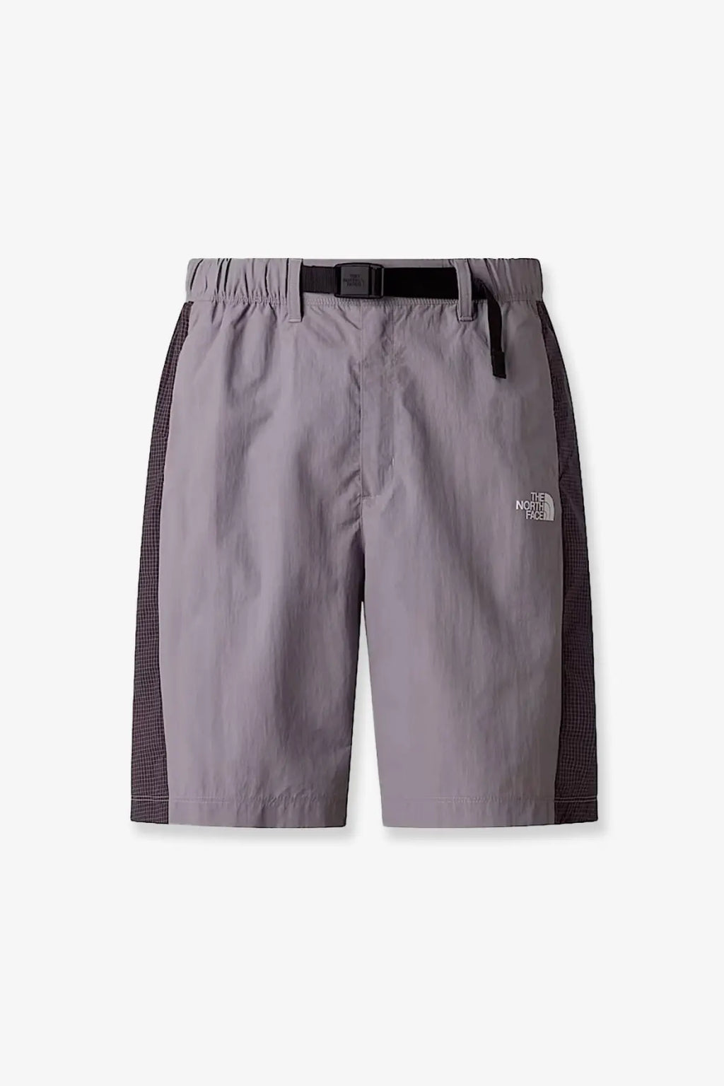 The North Face men’s nylon Bermuda shorts in black feature gray with black checkered side panels and a black belt