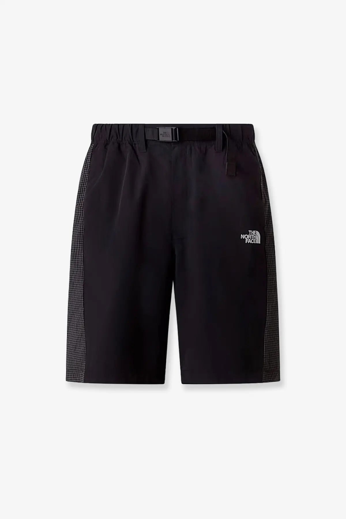 The north face men’s nylon bermuda shorts in black feature contrasting black and white checkered side panels