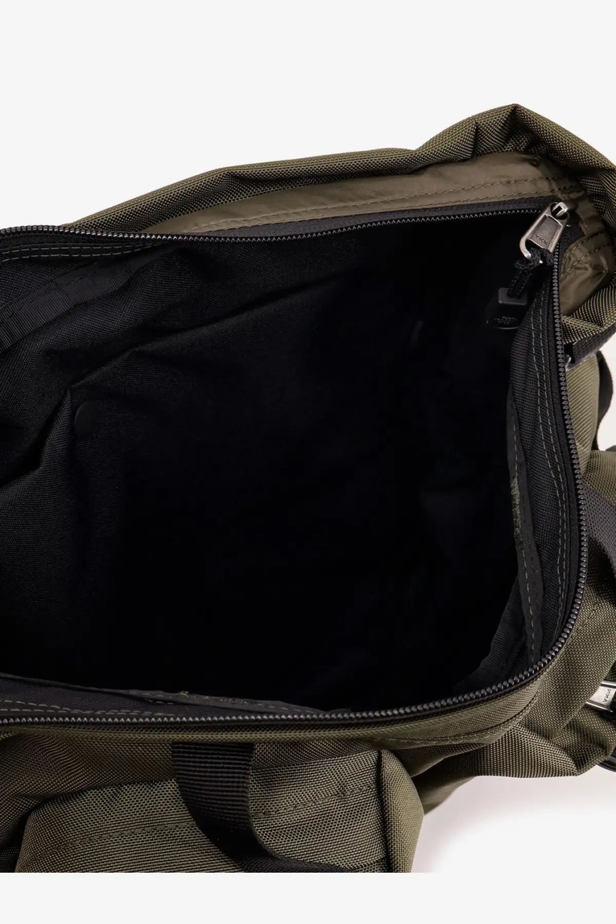 The North Face men’s nylon handbag beige with olive green tactical-style duffel design and black interior features reinforced zipper pulls
