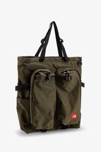 The north face men’s olive green nylon tote bag with black straps and multiple zippered compartments