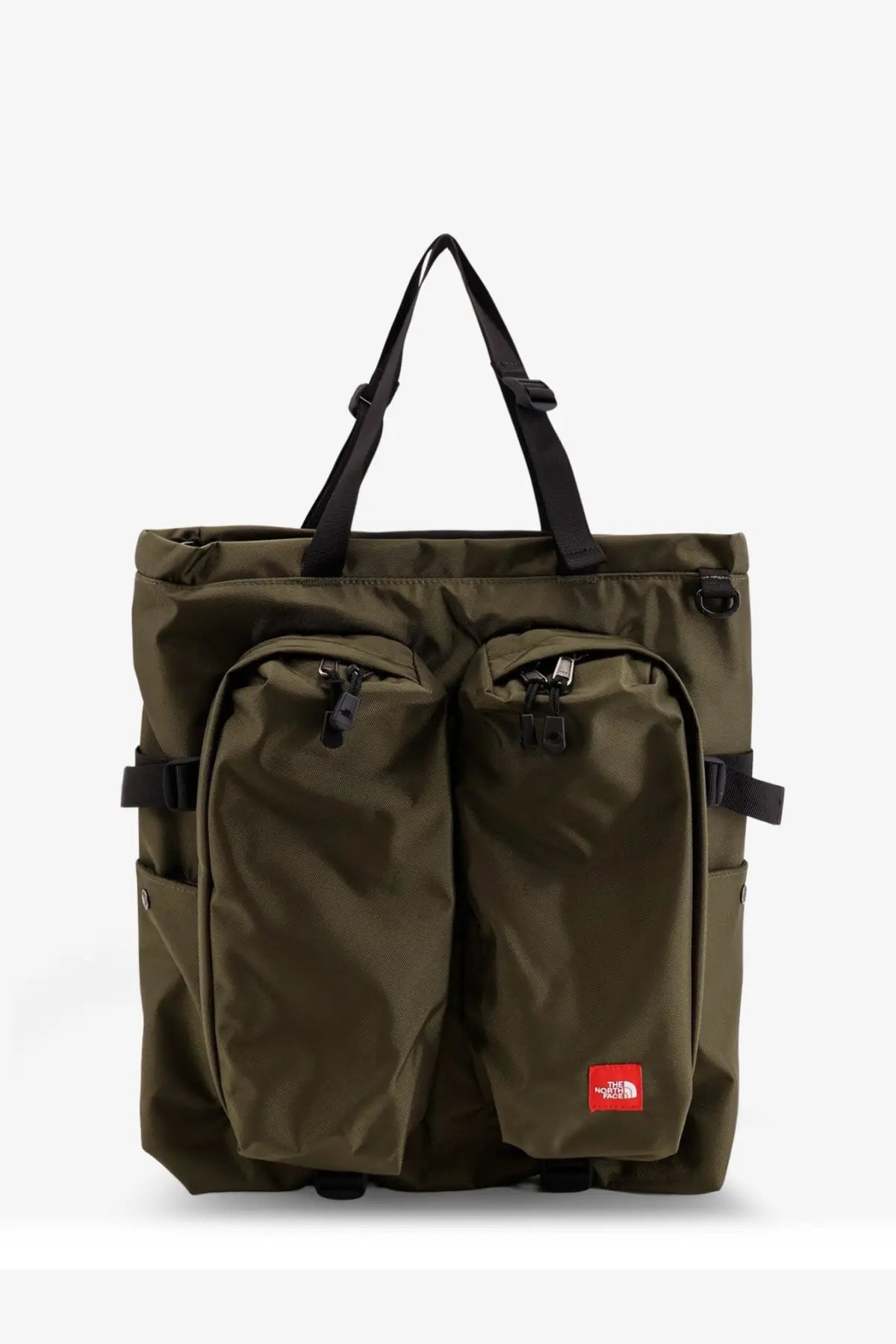 The north face men’s nylon handbag in beige with olive green tote design black straps and zipped front pockets