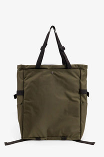 The north face men’s nylon handbag in beige with olive green utility tote style and black adjustable straps