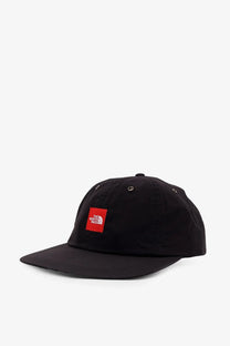 Black The North Face men’s nylon hat featuring a red rectangular logo patch on the front