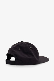 The North Face men’s black nylon five-panel cap with flat brim and adjustable strap shown from the back side