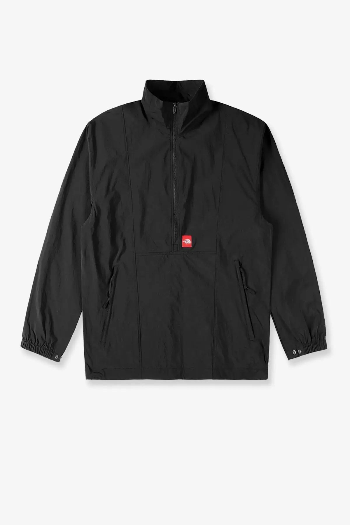 The North Face men’s black nylon half-zip jacket with a red logo patch on the chest