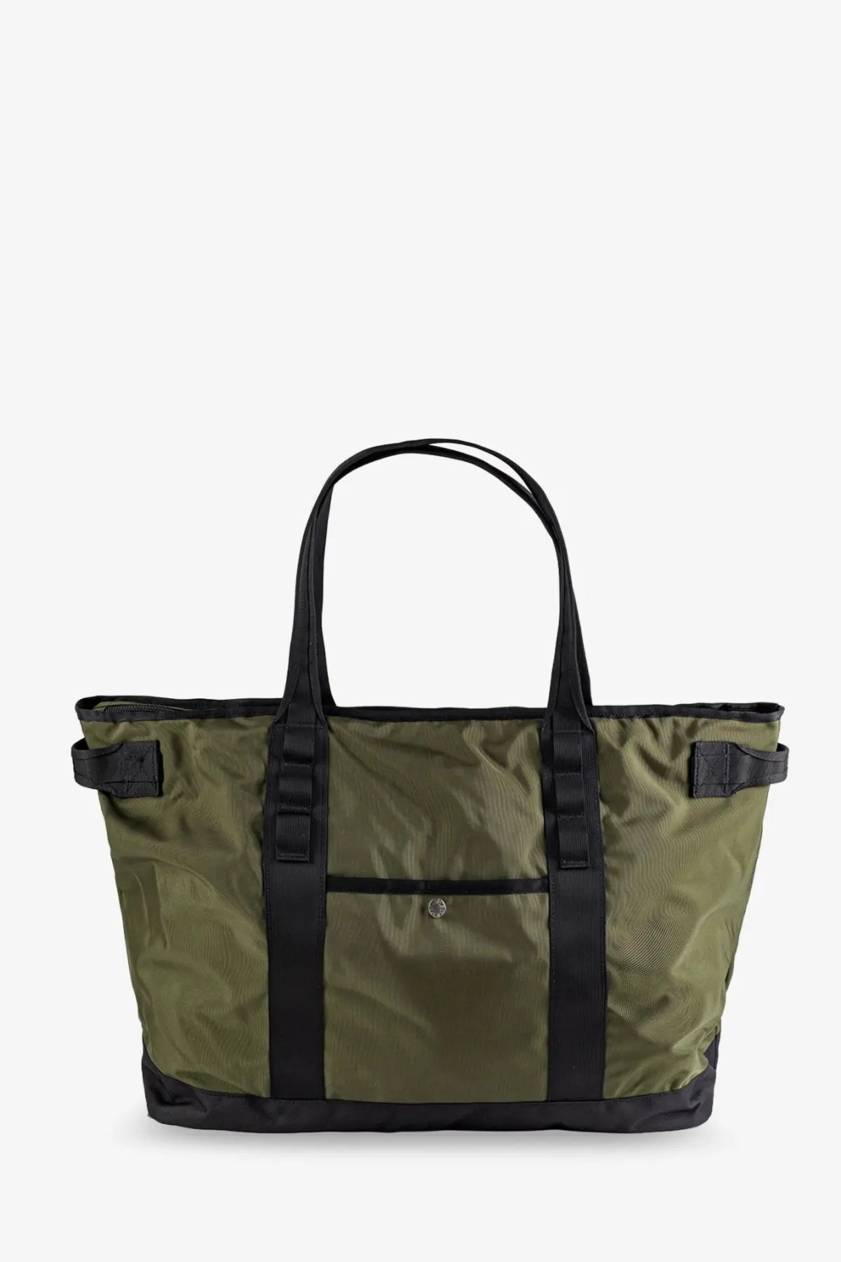 The north face men’s nylon shoulder bag in beige features olive green and black utility tote design with reinforced straps and front pocket