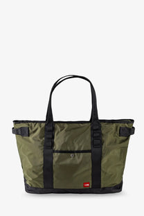 The north face men’s olive green nylon tote bag with black straps and trim for shoulder use