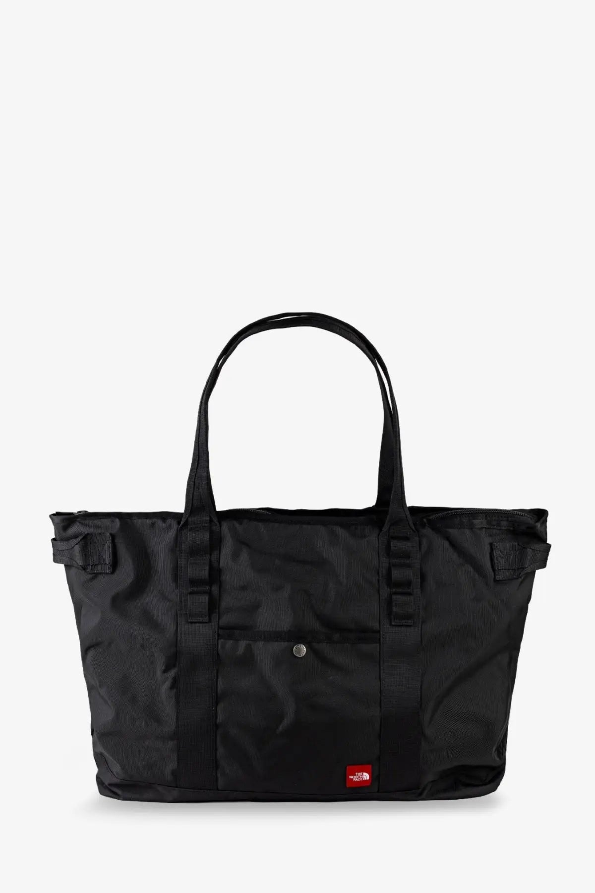 The north face men’s black nylon shoulder bag tote with reinforced handles and a red brand patch