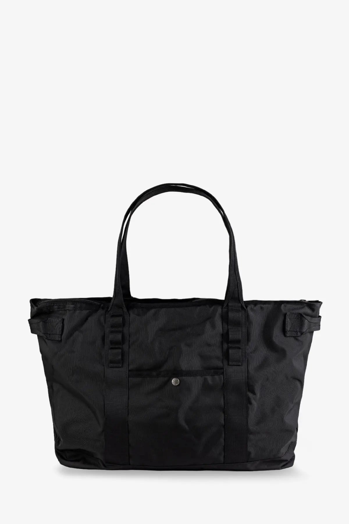The North Face men’s black nylon shoulder bag with reinforced handles and a front pocket secured by a silver snap button