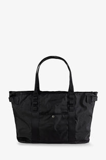 The North Face men’s black nylon shoulder bag with reinforced handles and a front pocket secured by a silver snap button