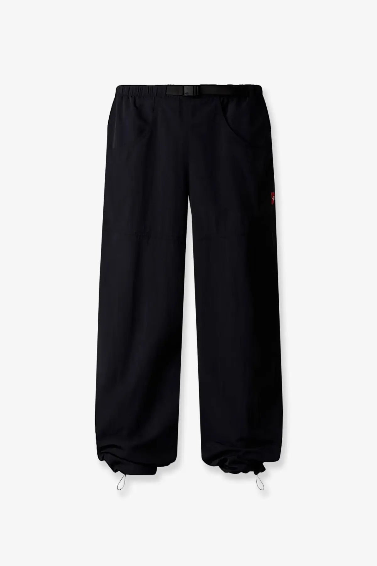 The North Face men’s black nylon trousers with elastic waist, drawstring cuffs, and a red logo on the thigh