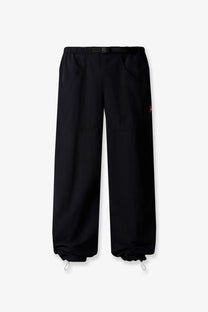 The North Face men’s black nylon trousers with elastic waist, drawstring cuffs, and a red logo on the thigh