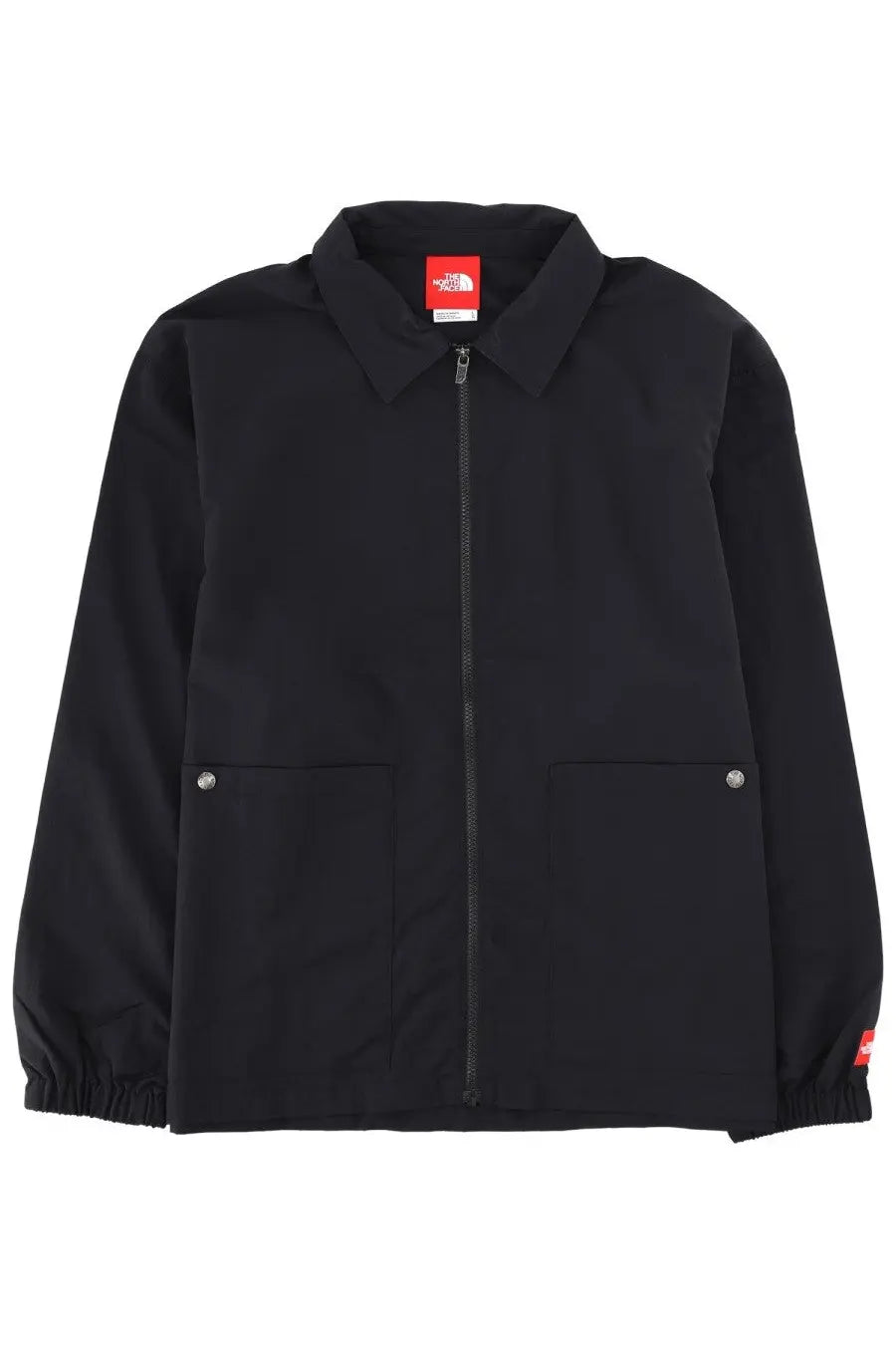 The North Face men’s overshirt red box black jacket with zipper front, flap pockets with silver buttons, and elastic cuffs