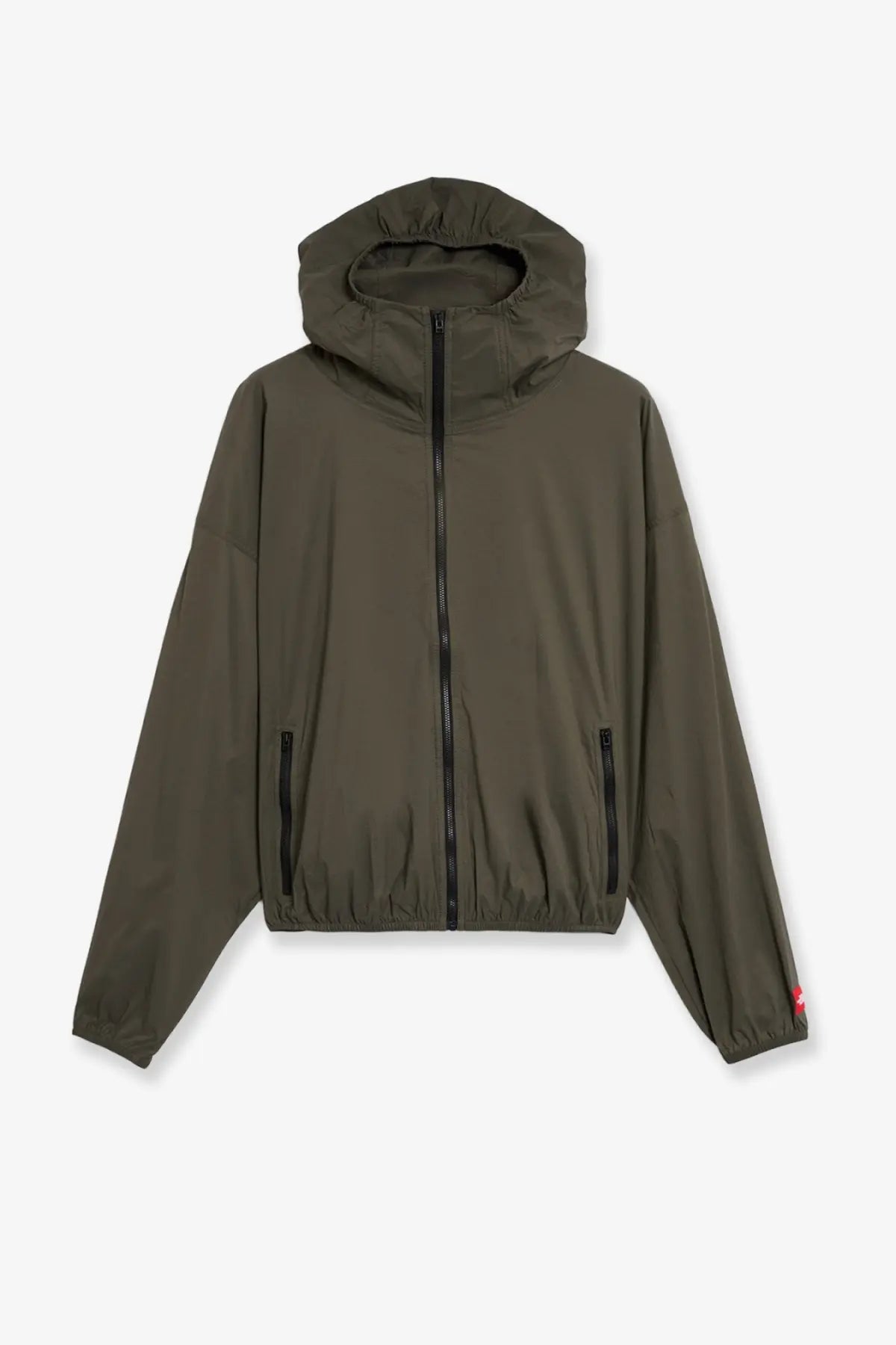 The north face men’s packable nylon jacket in olive green with hood black zipper and side pockets