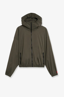 The north face men’s packable nylon jacket in olive green with hood black zipper and side pockets