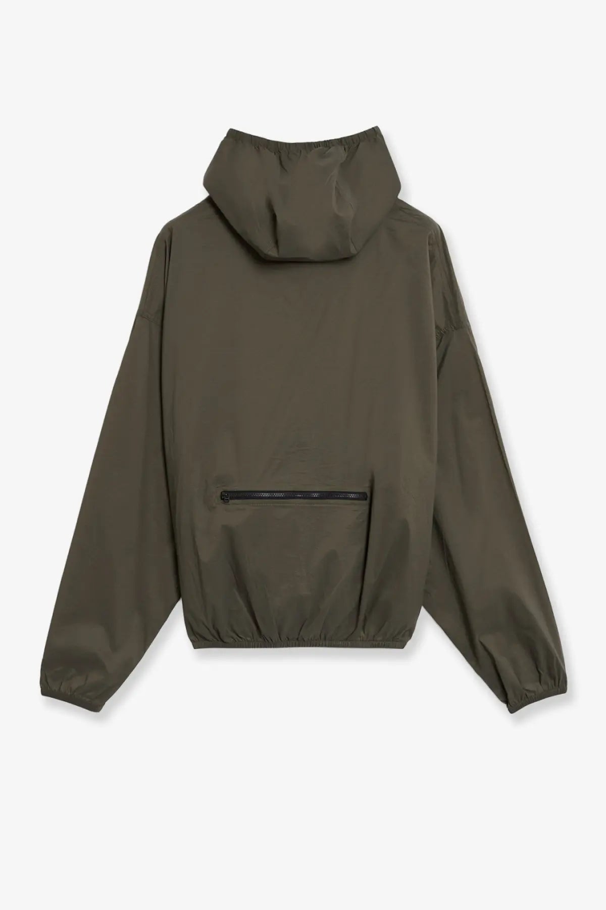 The north face men’s packable nylon jacket in olive green with a hood, front zipper pocket, and elasticated cuffs