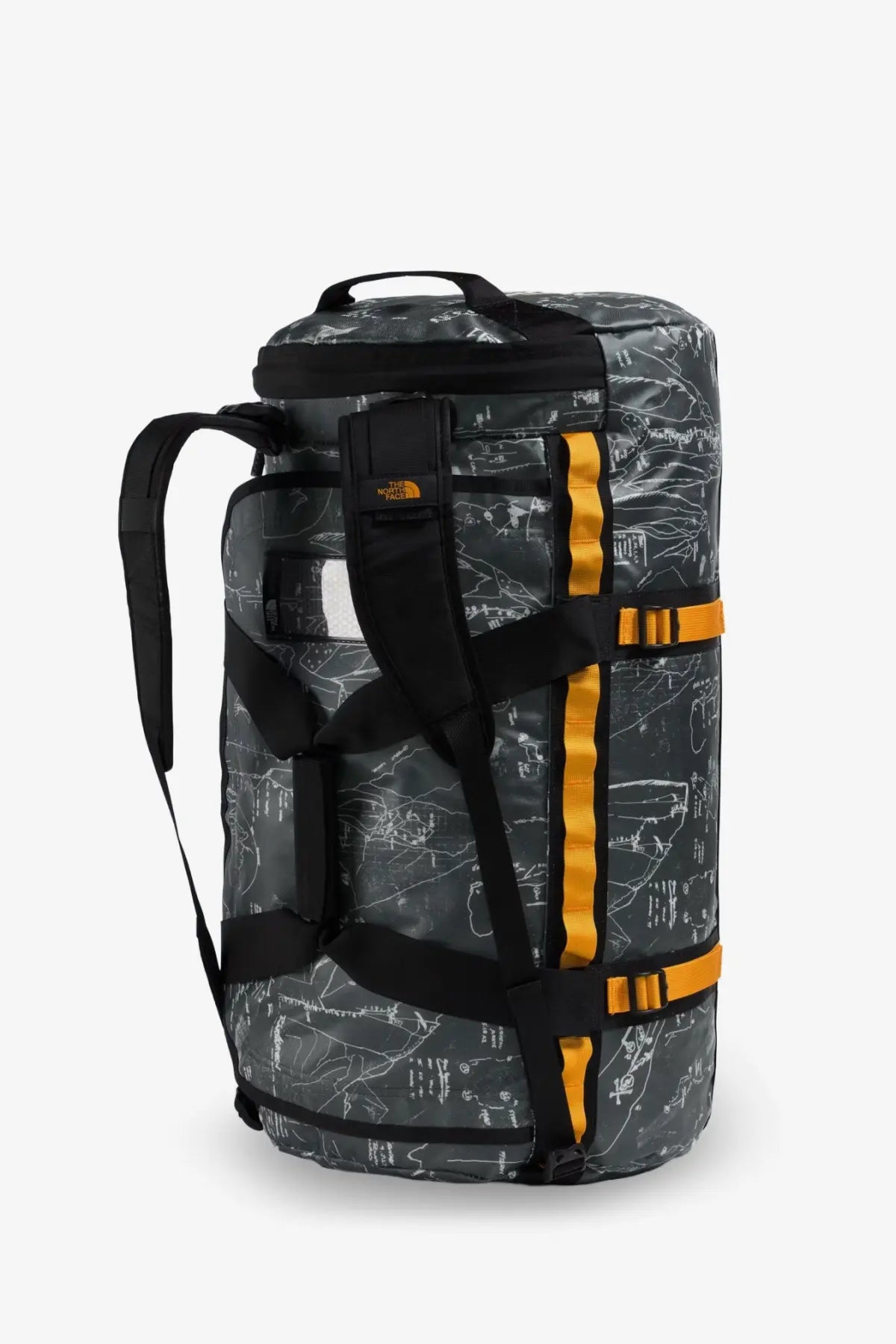 The north face men recycled pvc base camp duffel backpack in black and orange with a gray map pattern