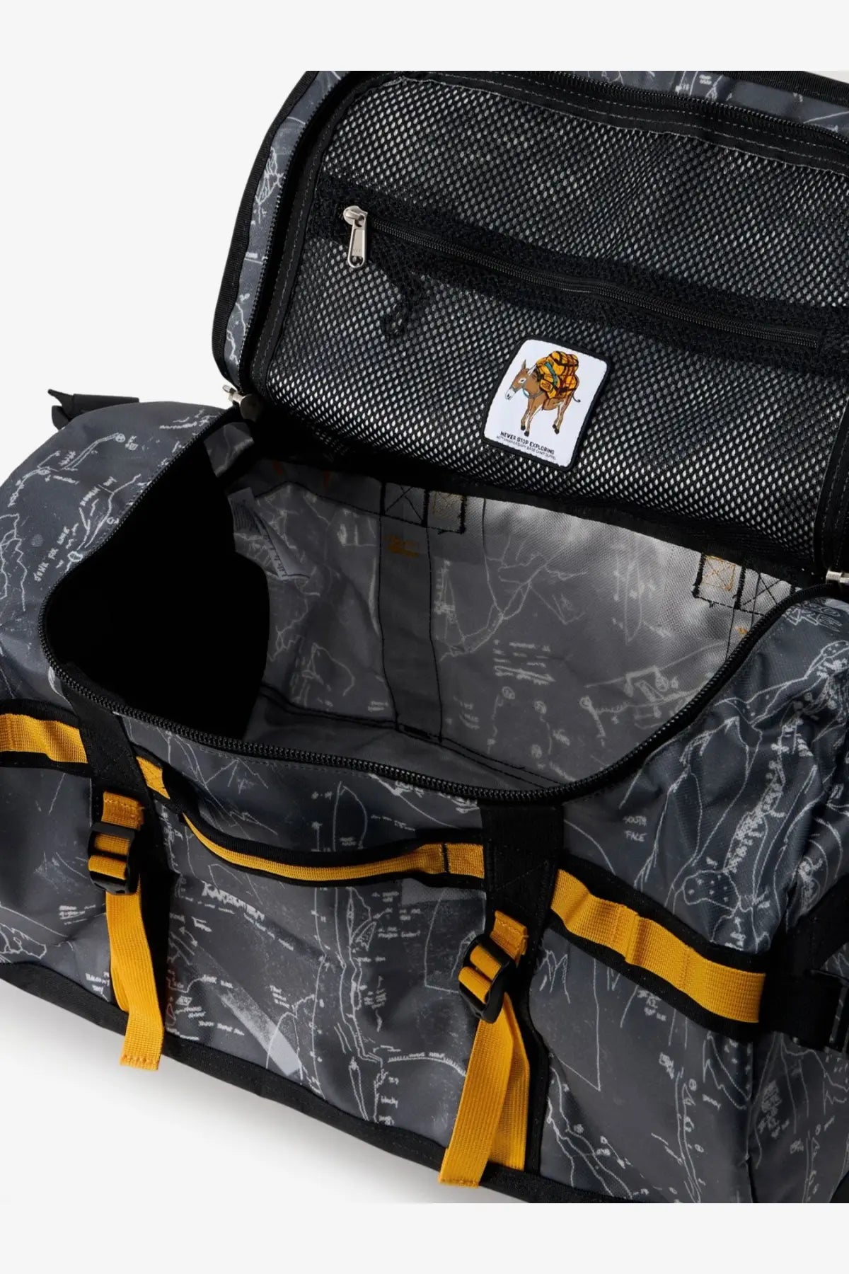Gray the north face men’s recycled pvc base camp duffel backpack with map pattern yellow straps and black mesh lining