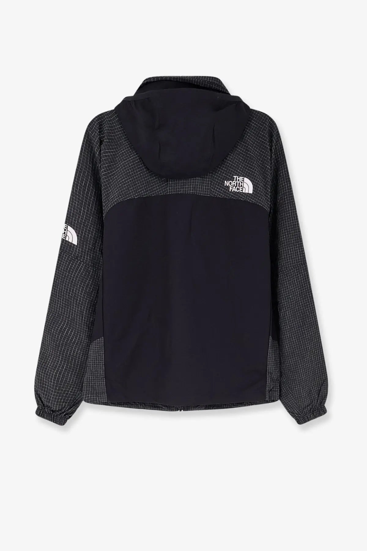 The north face men’s relaxed fit black jacket with hood and subtle grid pattern on shoulders and sleeves