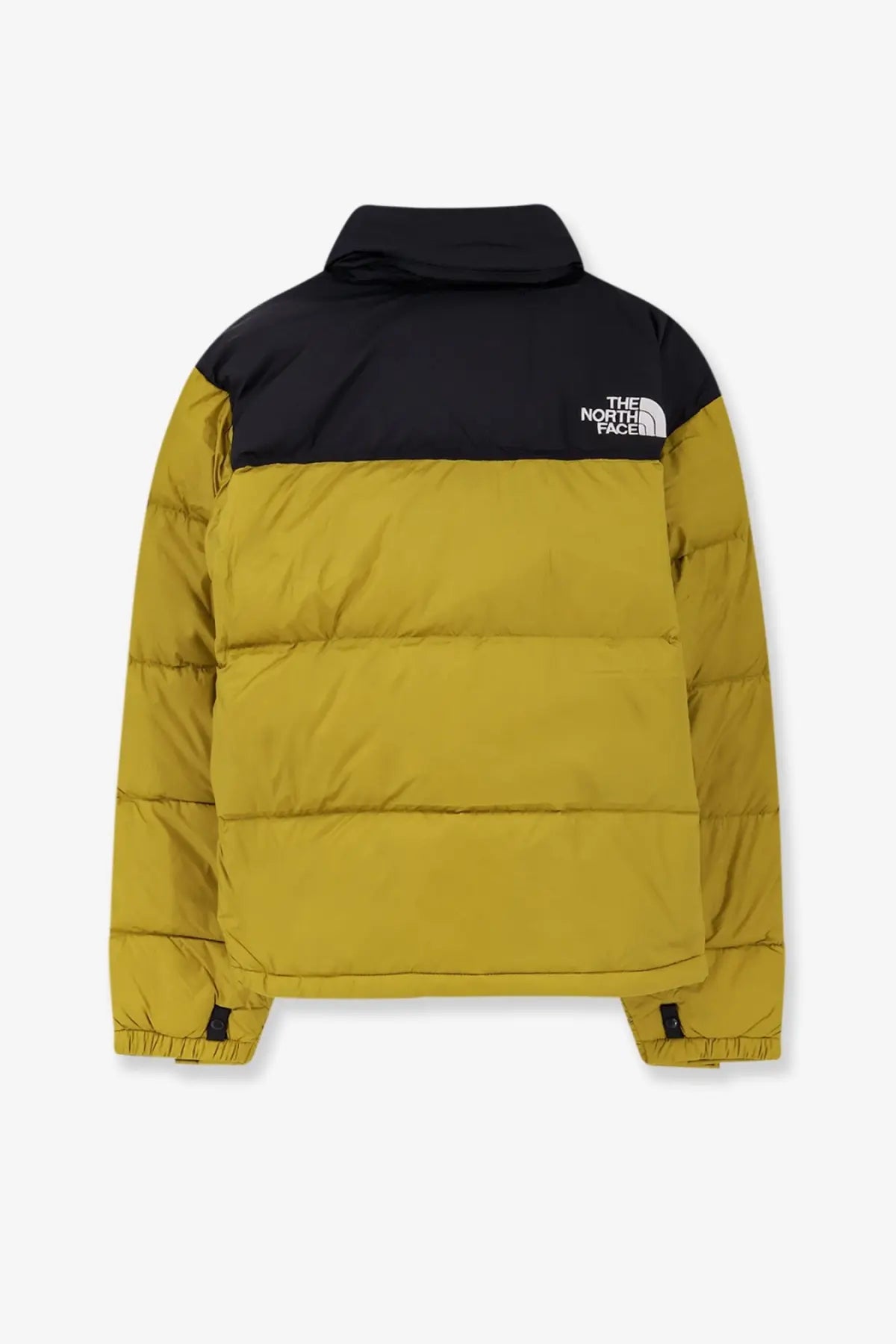 The north face men’s retro nuptse bicolor down jacket in mustard yellow and black with quilted panels and high collar