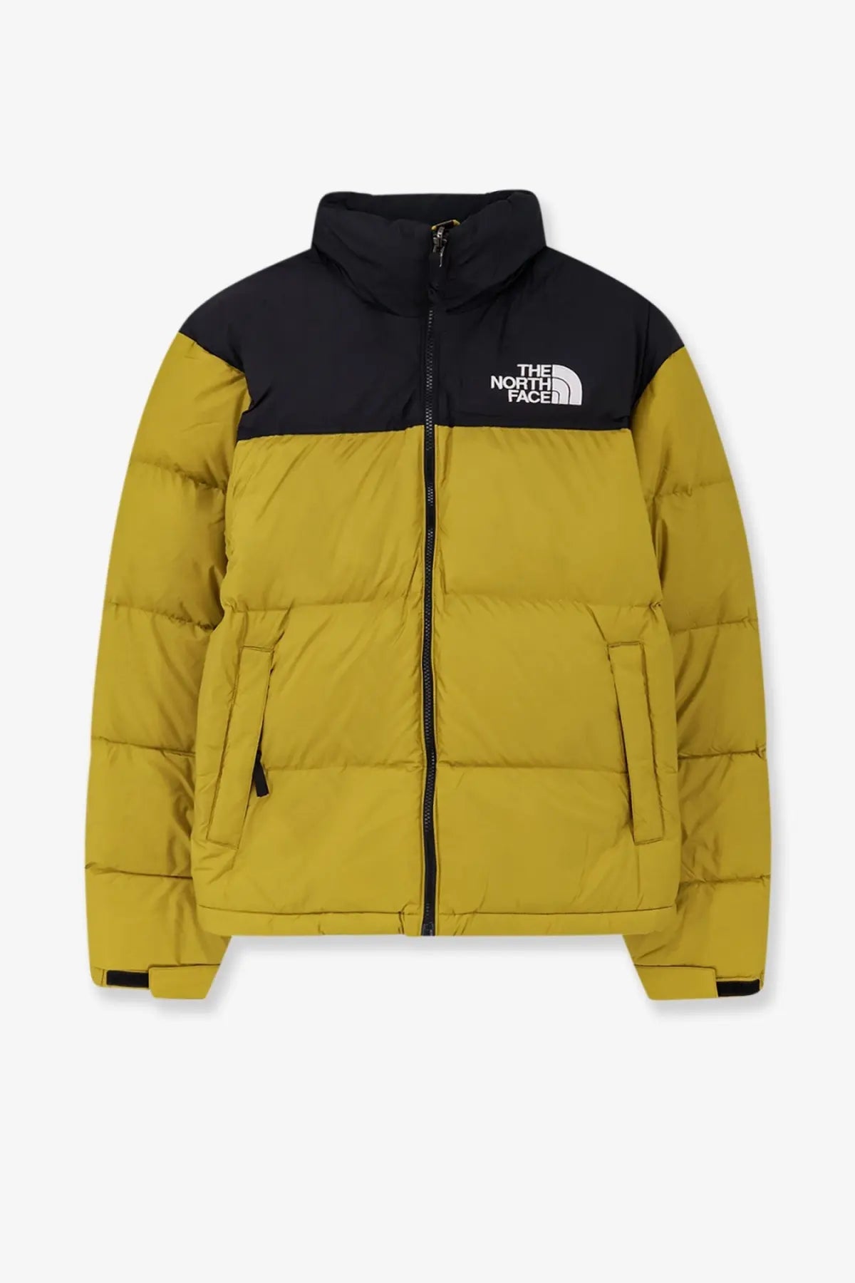 The north face men’s retro nuptse bicolor down jacket in yellow and black with quilted puffer design