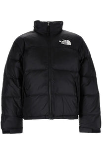 The North Face men’s retro Nuptse black puffer jacket with high collar and white logo on the chest