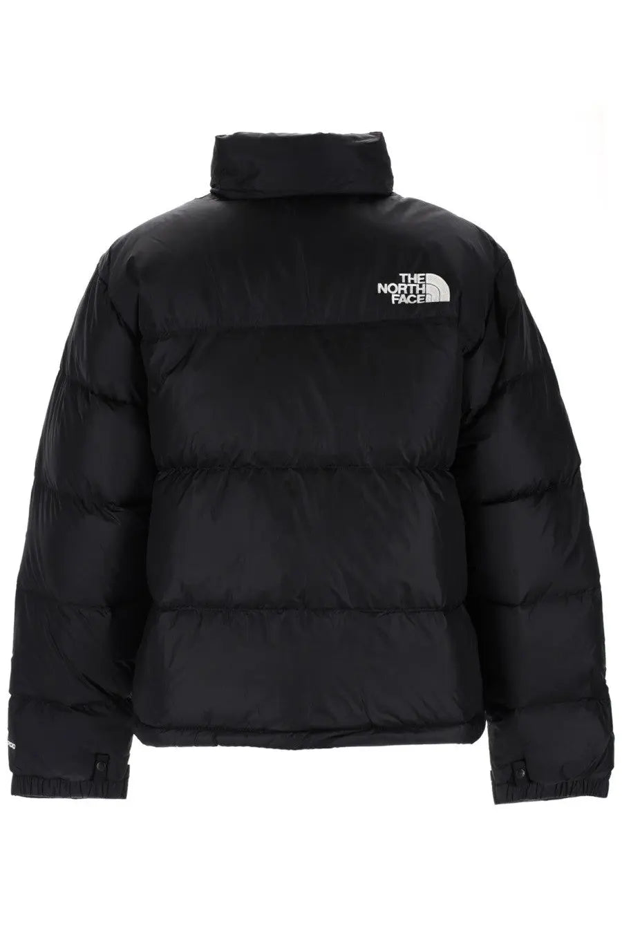 The North Face men’s retro nuptse black puffer jacket with high collar and white logo on the chest