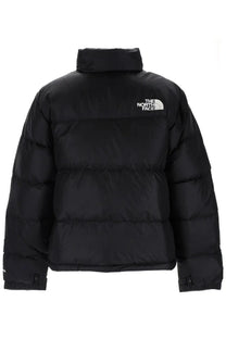 The North Face men’s retro nuptse black puffer jacket with high collar and white logo on the chest
