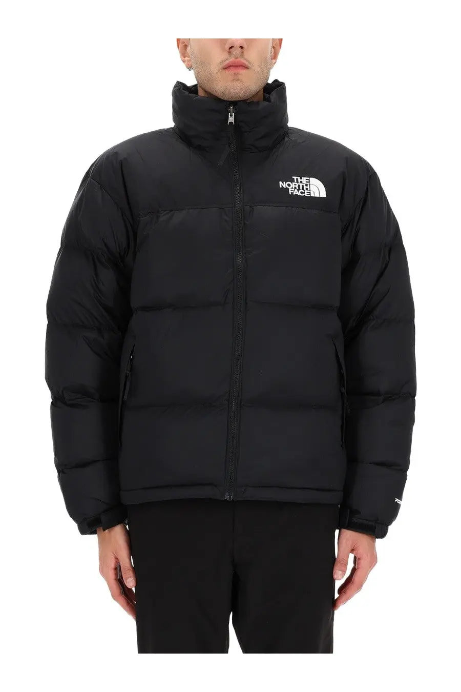 The north face men’s retro nuptse jacket black with quilted design high collar and white logo on chest