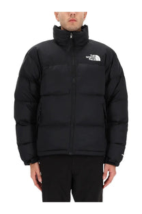 The north face men’s retro nuptse jacket black with quilted design high collar and white logo on chest