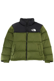 The north face men’s retro nuptse jacket in olive green and black features a quilted design and front zipper