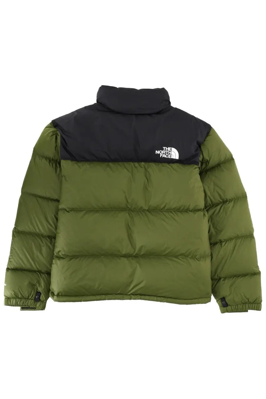 The north face men’s retro nuptse jacket in olive green and black with quilted design high collar and chest logo