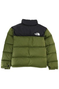 The north face men’s retro nuptse jacket in olive green and black with quilted design high collar and chest logo