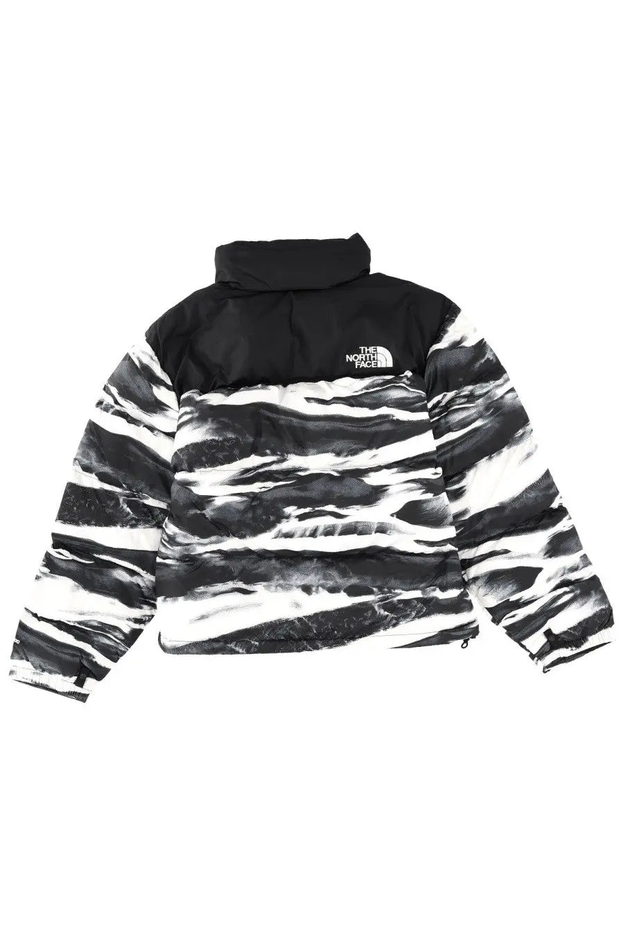 The north face men’s retro nuptse jacket multicolor features a black and white striped puffer design with a high collar and logo