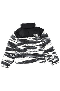 The north face men’s retro nuptse jacket multicolor features a black and white striped puffer design with a high collar and logo
