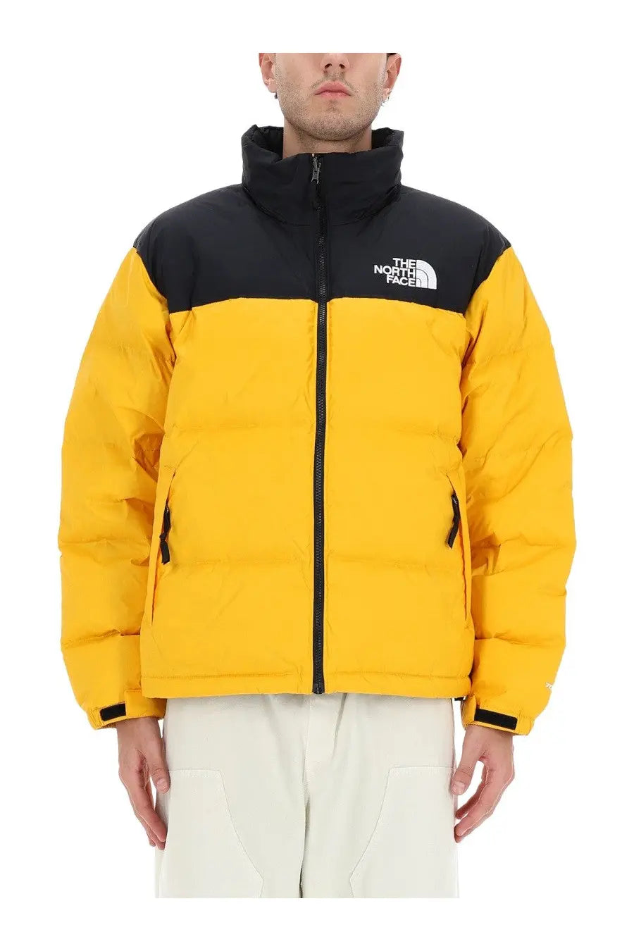 The north face men’s retro nuptse jacket yellow black puffer with high collar front zipper and side pockets