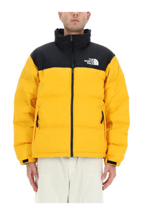 The north face men’s retro nuptse jacket yellow black puffer with high collar front zipper and side pockets