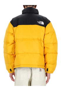 Back view of the north face men’s retro nuptse jacket in yellow with black quilted puffer design and logo on the back